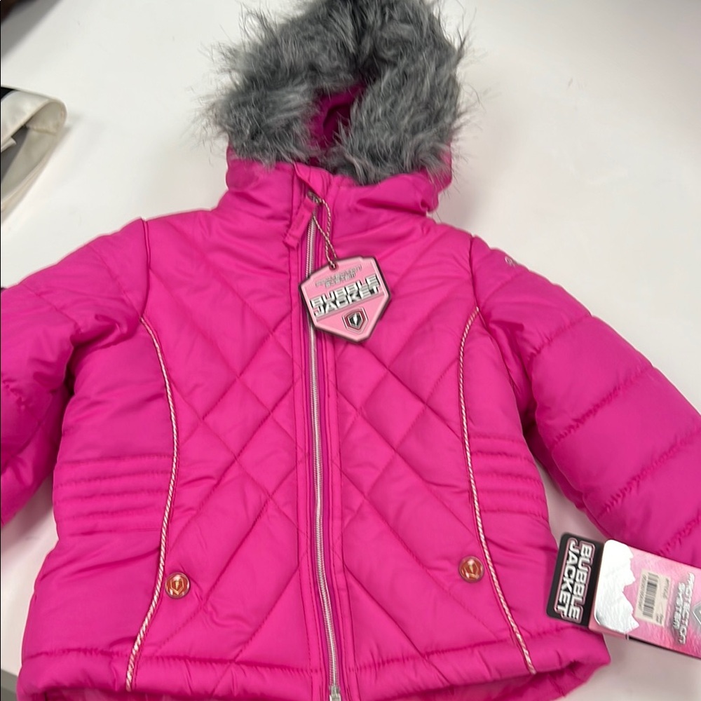 Pink and Gray Puffer Jacket with Faux Fur Hood